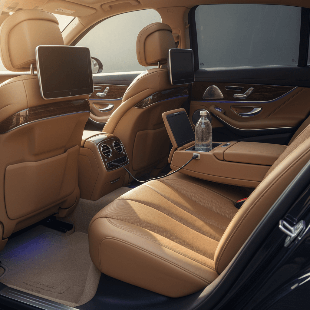 Rear seat of business class sedan with amenities