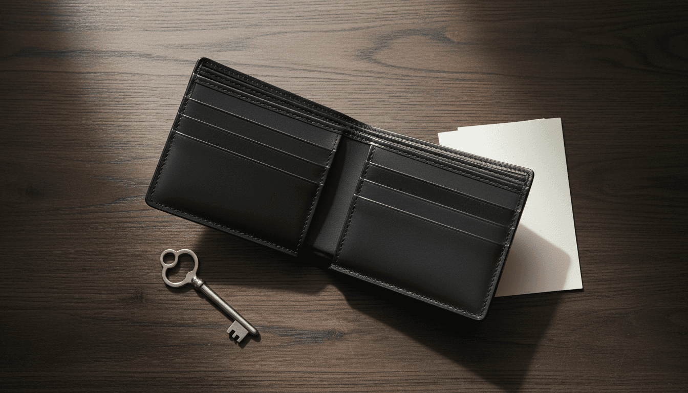 Wallet and key on wood table