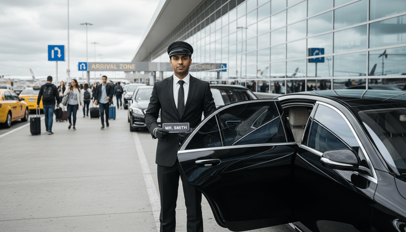 Professional chauffeur in suit standing beside a black luxury sedan at the airport
