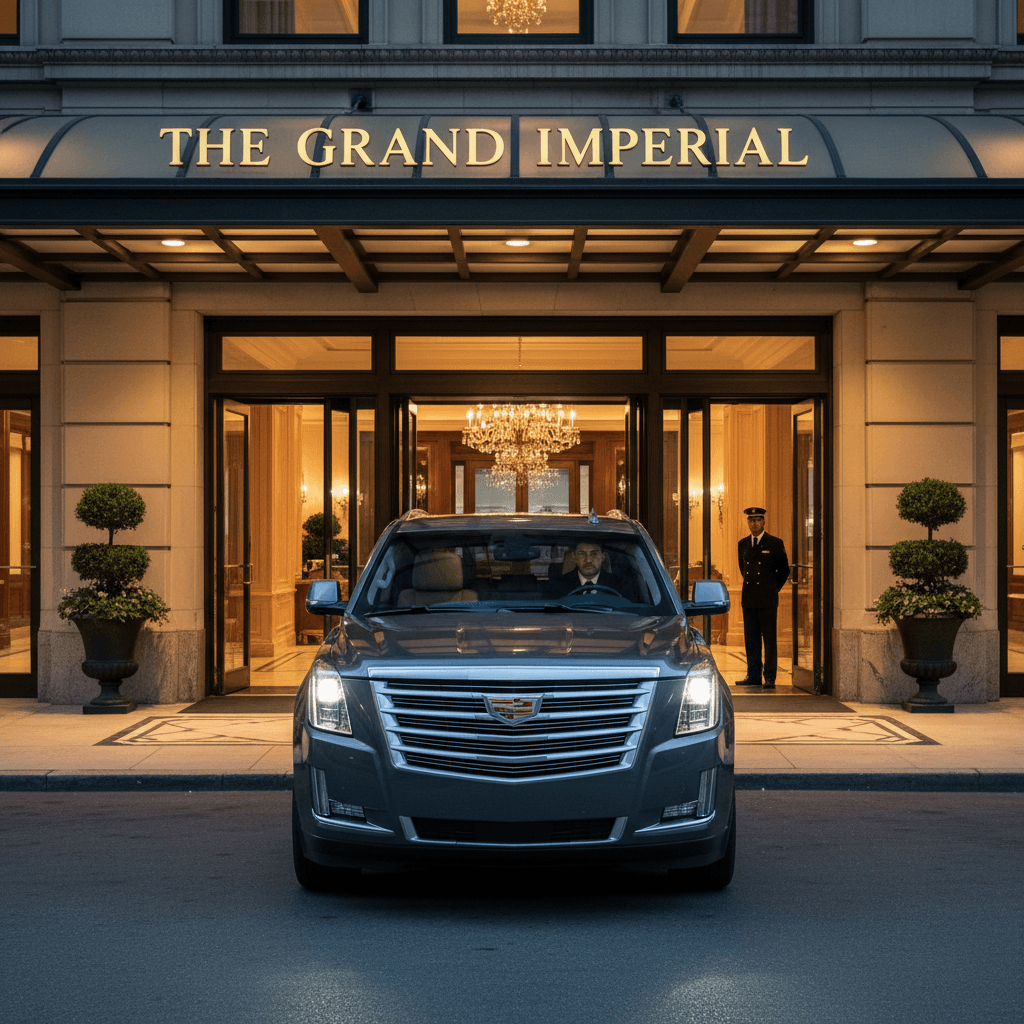 Cadillac Escalade at hotel entrance with driver