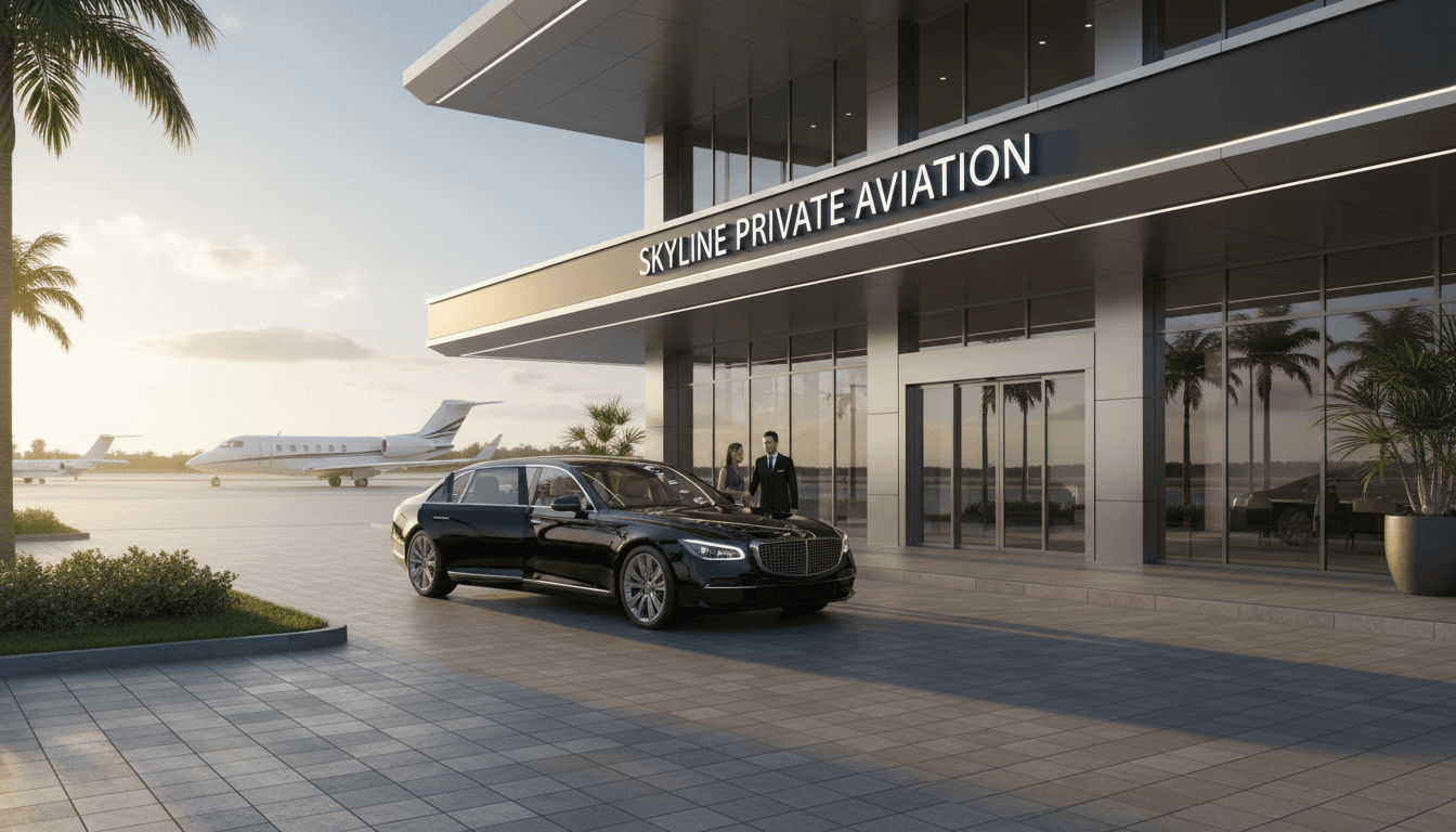Black luxury sedan arriving at private aviation terminal entrance with sign