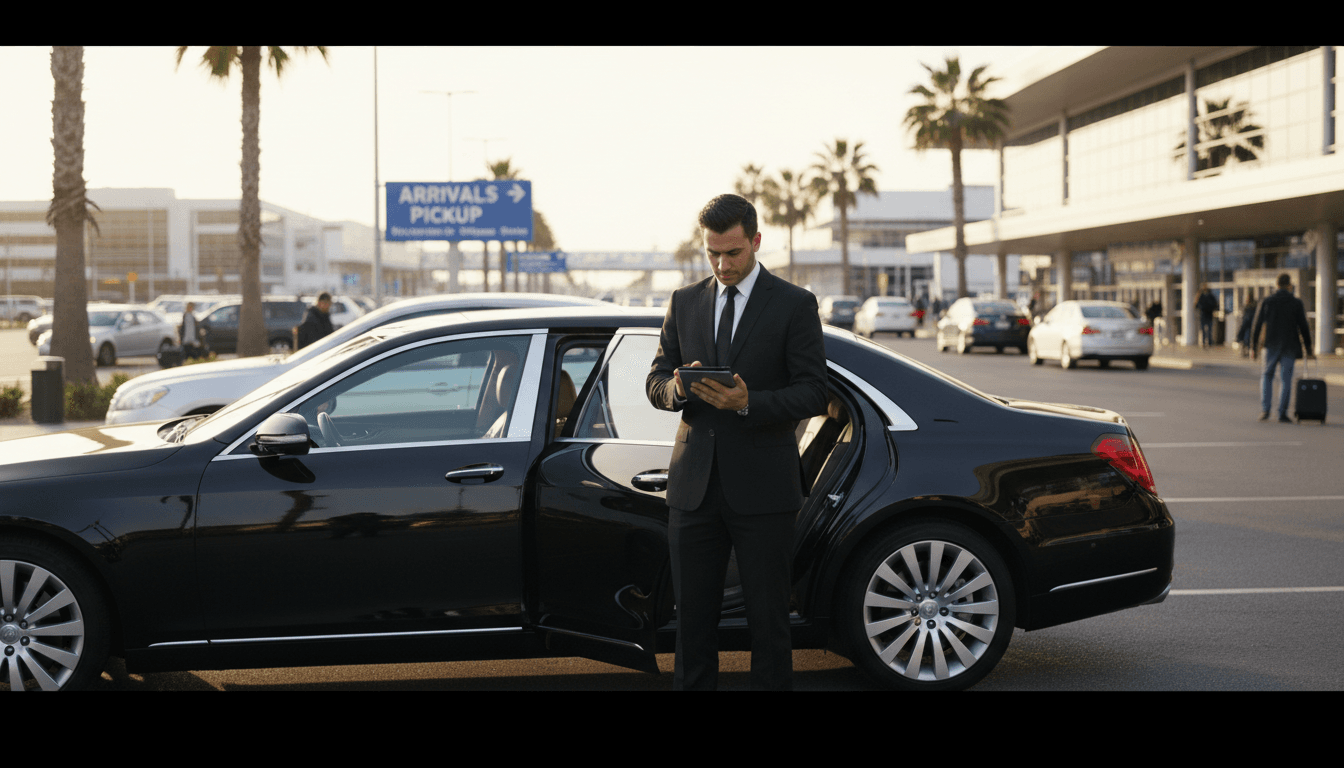 Professional chauffeur checking tablet near luxury sedan at airport pickup area