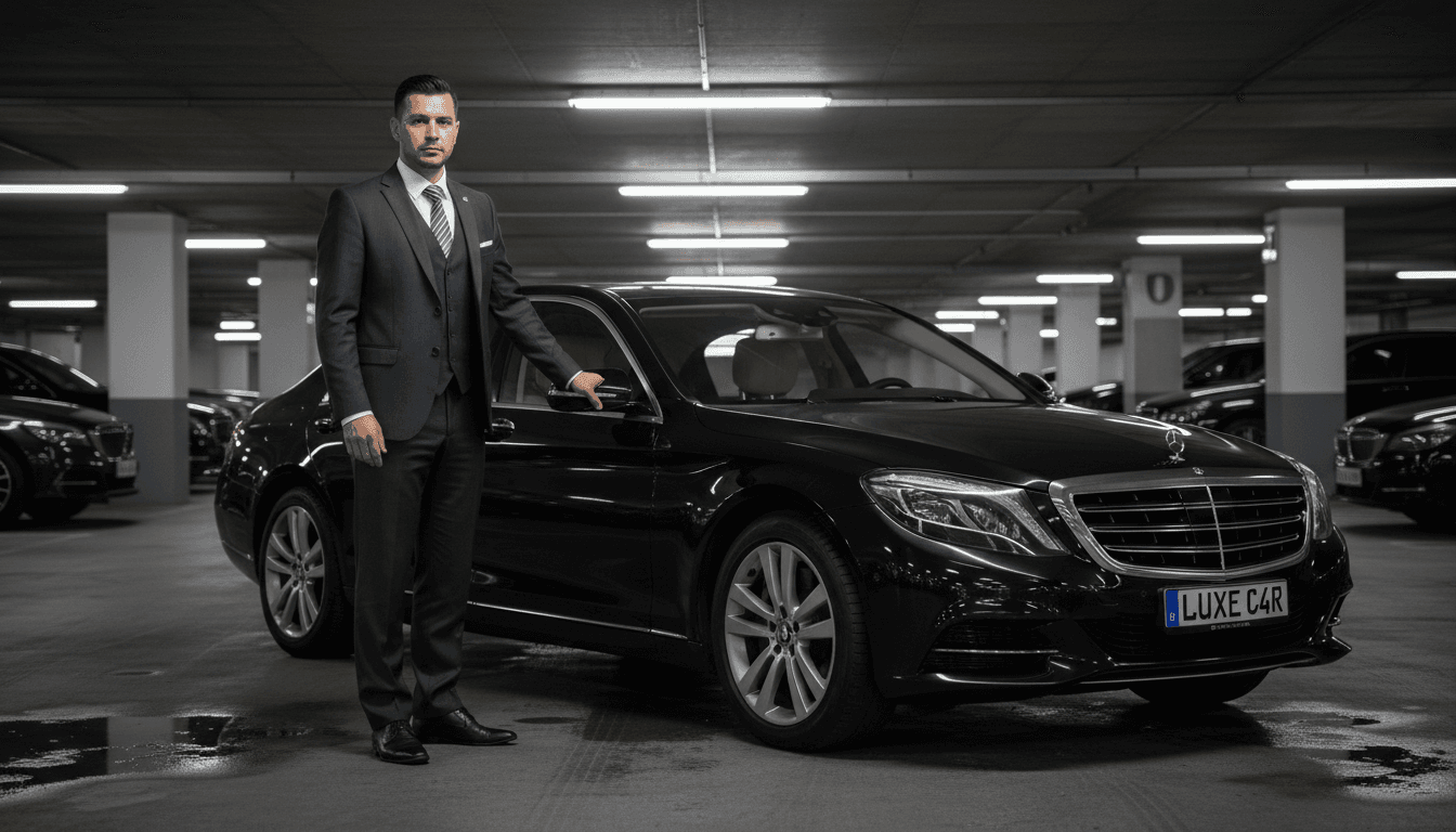 Chauffeur standing beside a black sedan in a parking garage