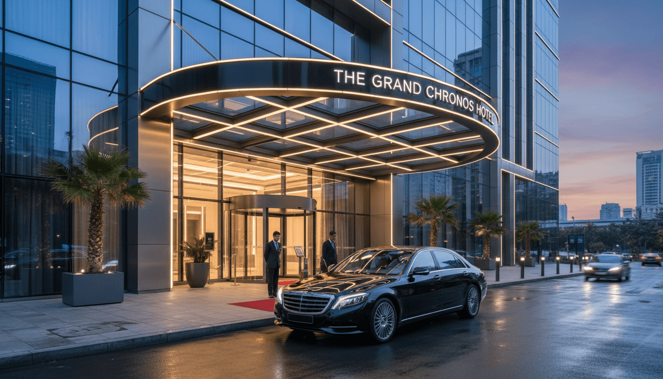 Black luxury sedan parked outside a hotel entrance at dusk