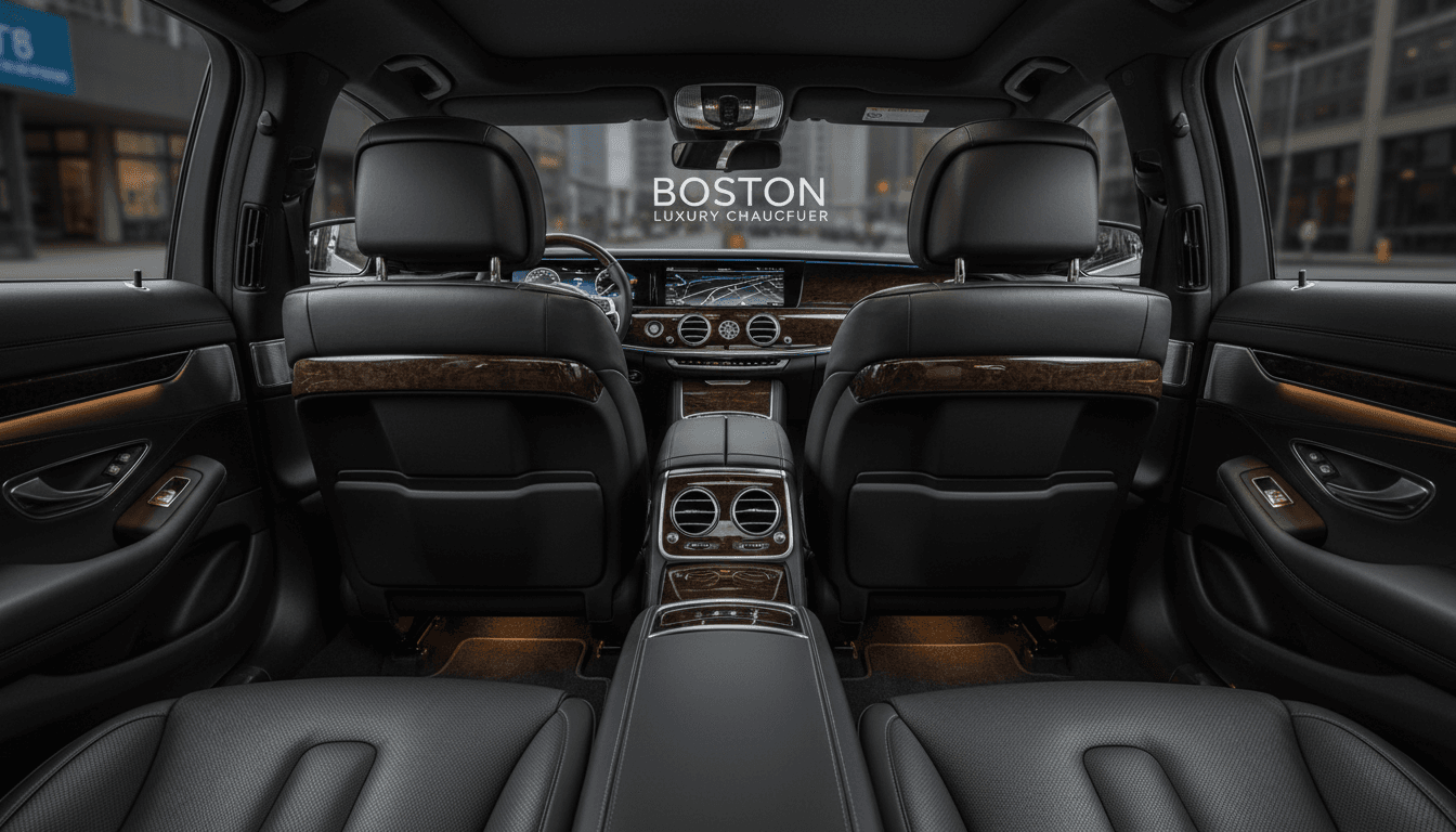 Polished leather interior of a black luxury sedan
