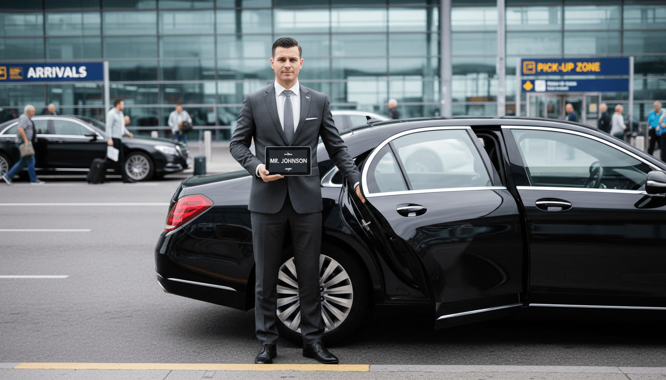 Chauffeur with tablet near luxury sedan at airport