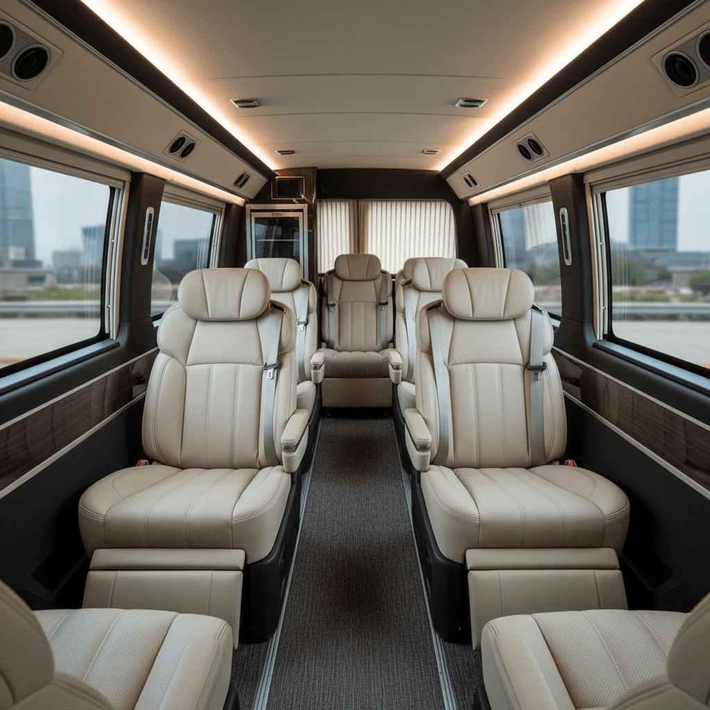 Executive van interior with multiple rows