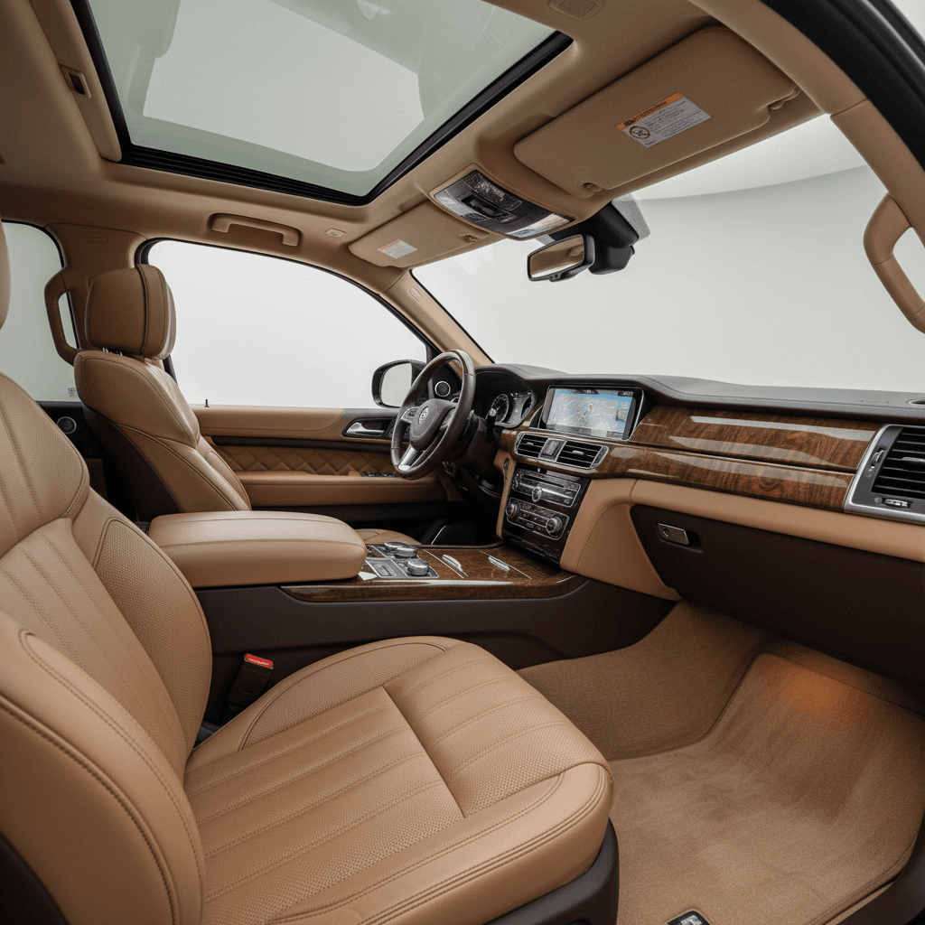 Leather interior of an executive SUV with wood trim
