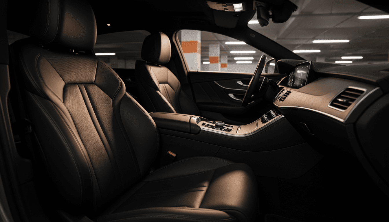 Polished leather interior of a black luxury sedan