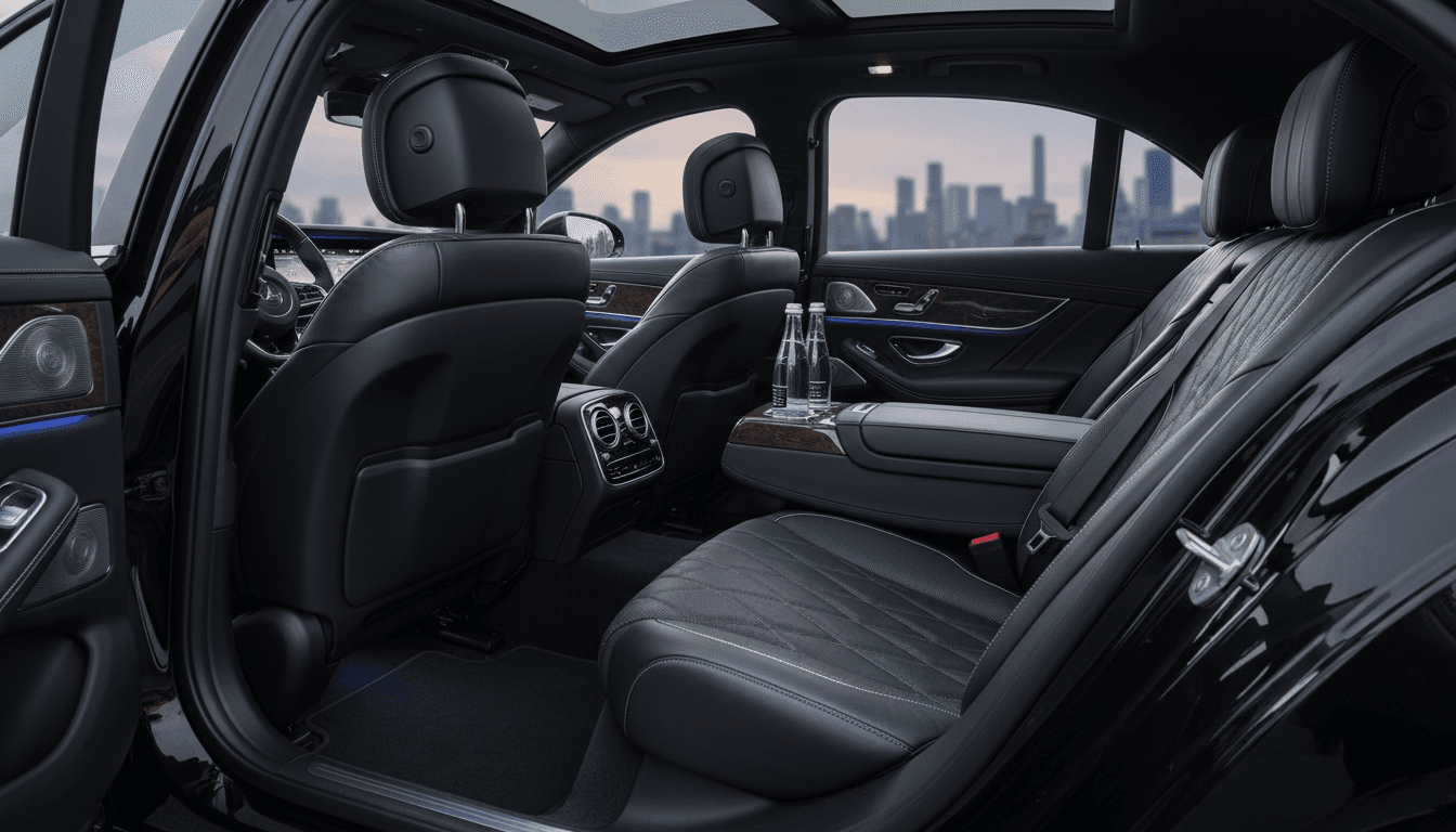 Luxury sedan interior with bottled water