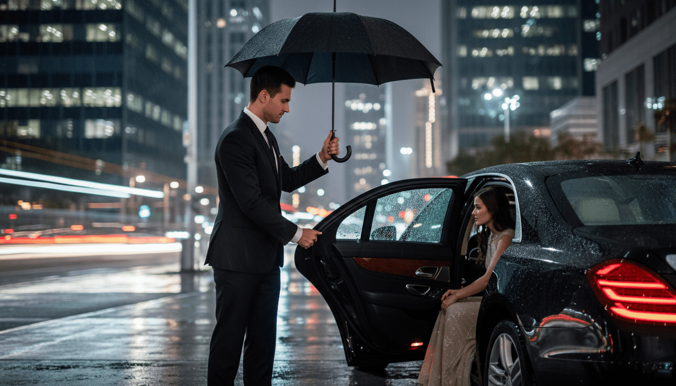 Chauffeur in a suit holding an umbrella and opening a car door for a passenger