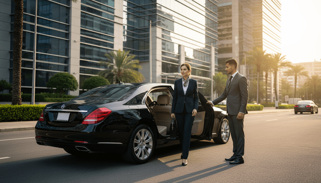 Professional chauffeur holding door for executive passenger in black sedan outside modern building
