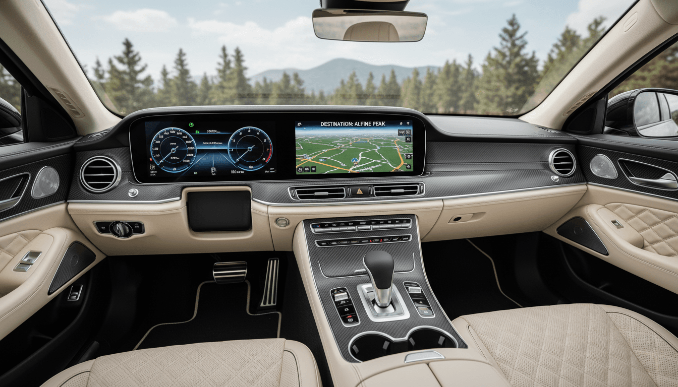 Dashboard of modern luxury vehicle with GPS navigation and leather interior
