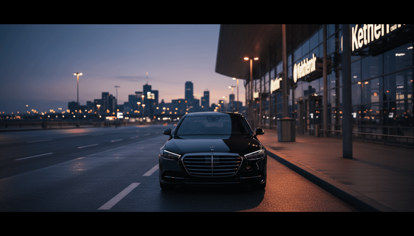 Black luxury sedan waiting at airport curbside at dusk