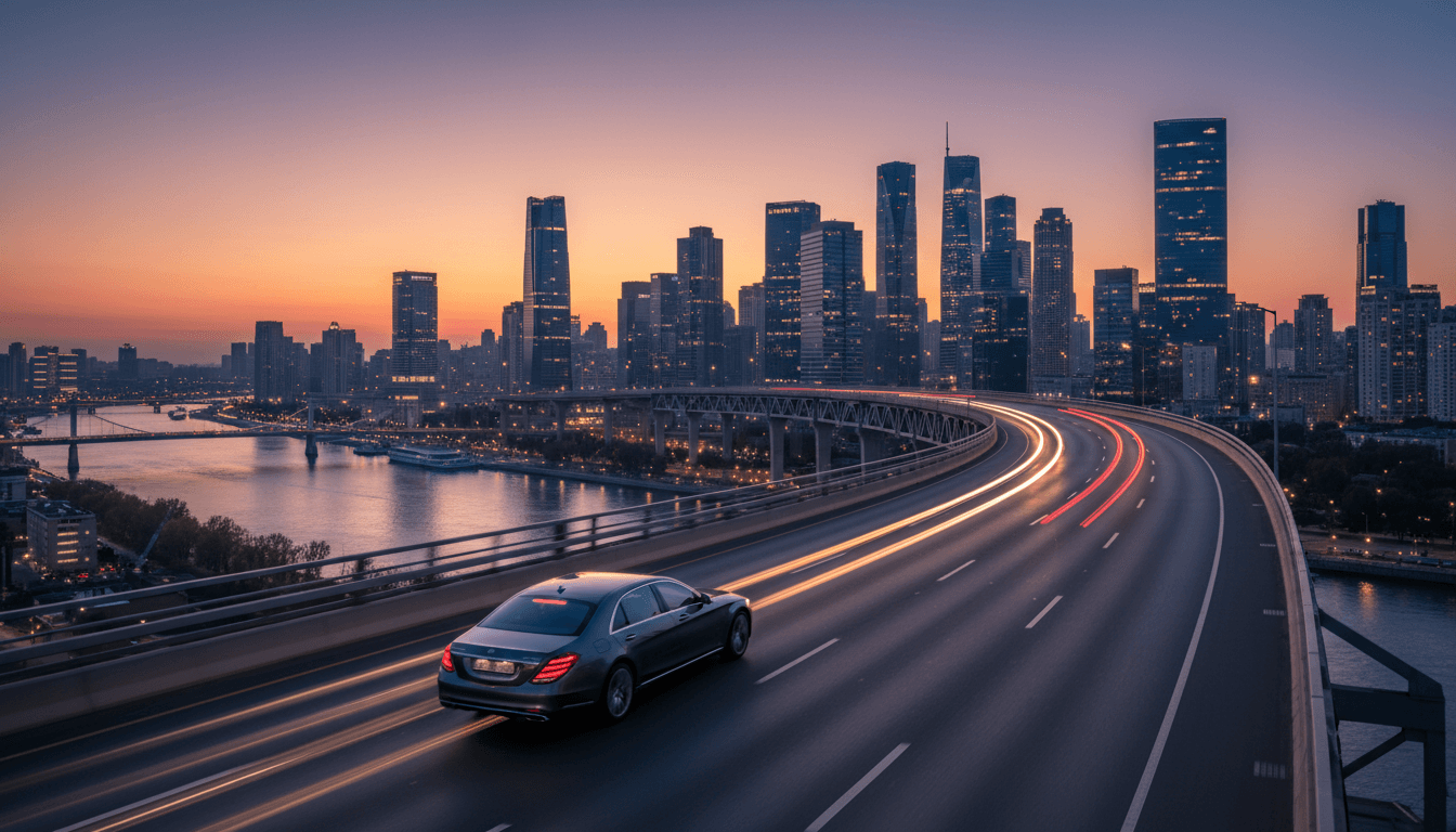 Executive sedan on highway with city skyline