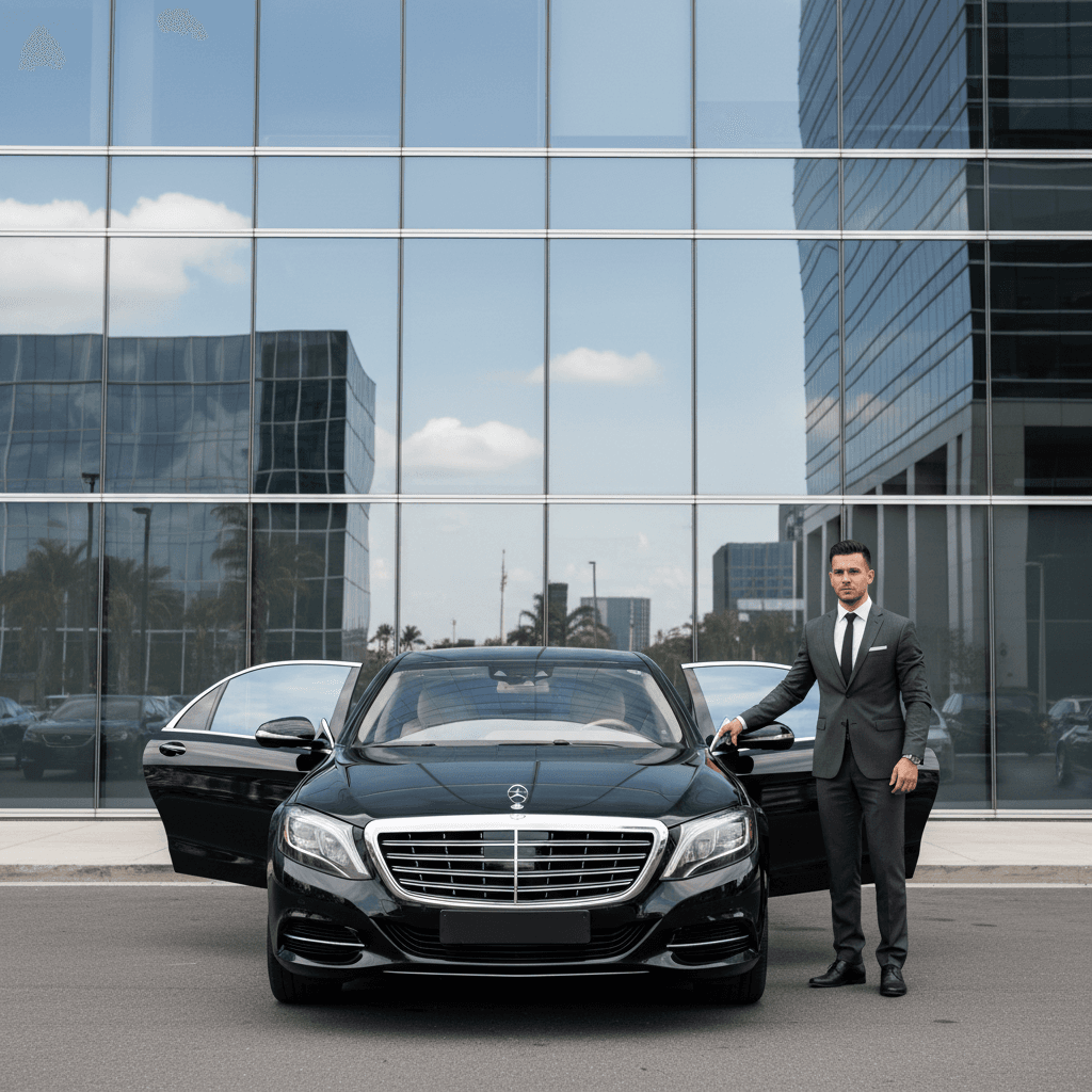 Black luxury sedan with chauffeur