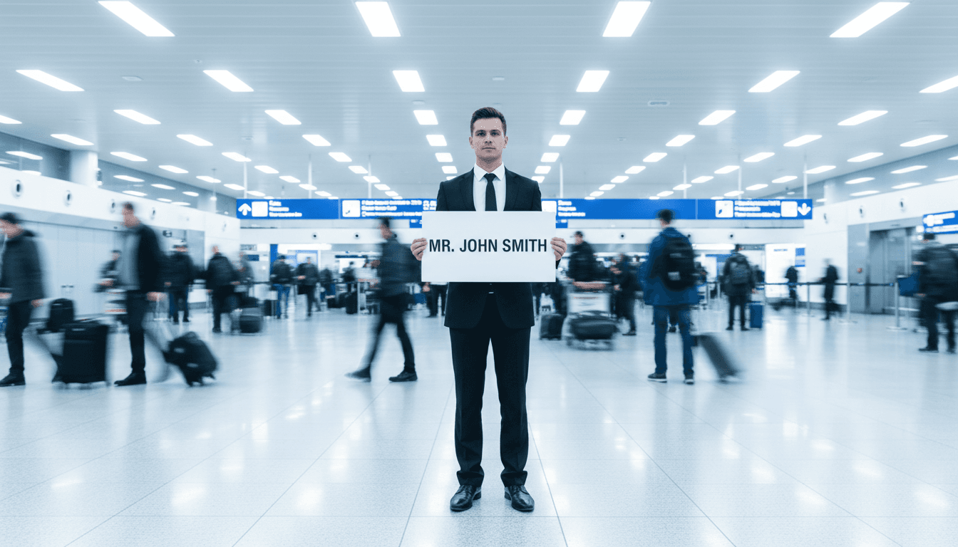 Chauffeur with name sign at airport
