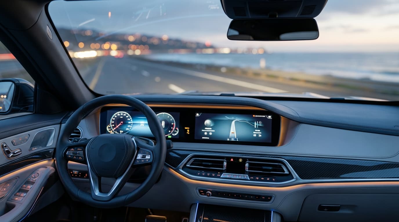 Smartphone showing real-time flight tracking in a luxury car cabin