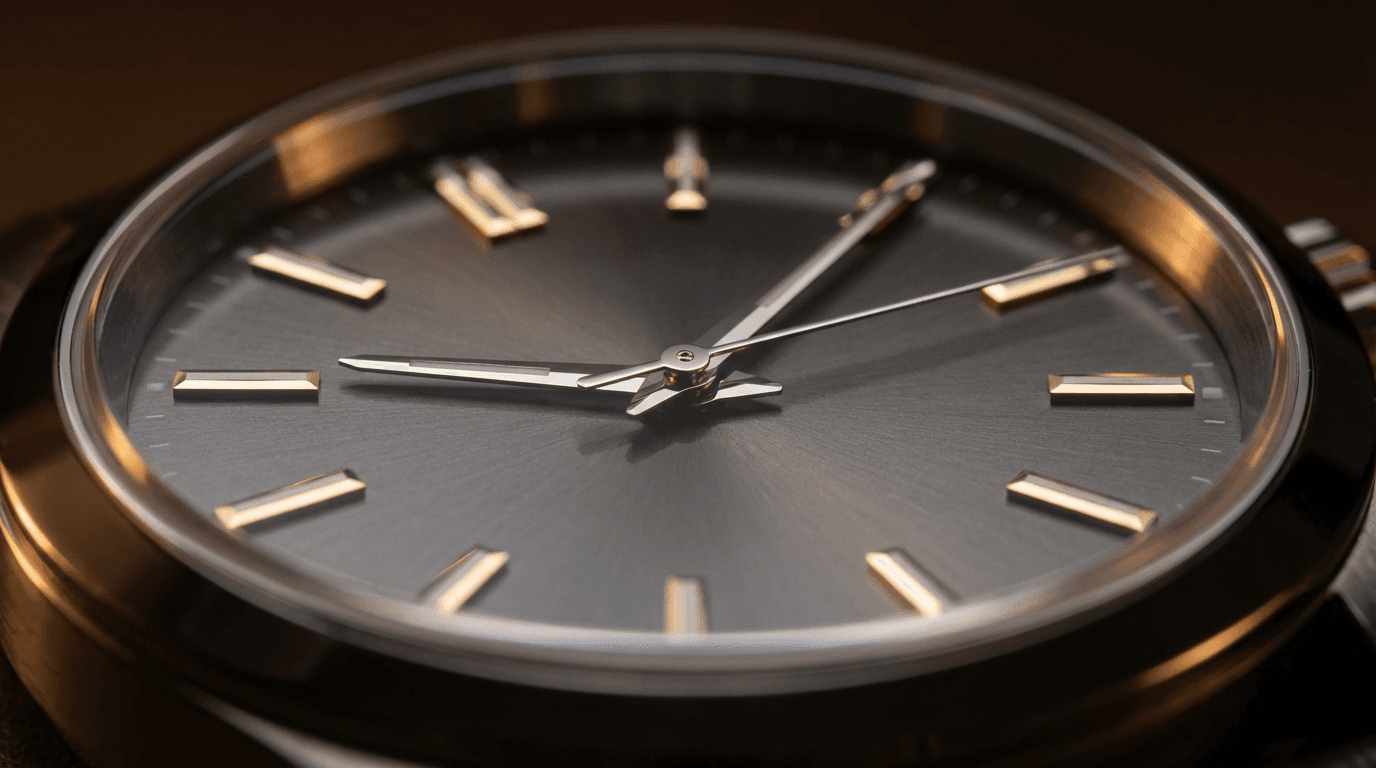 Detailed shot of a wristwatch and leather glove against a rain-streaked car window