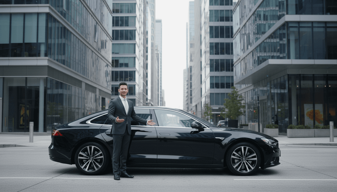 Black luxury sedan parked curbside on a Boston cobblestone street at dawn